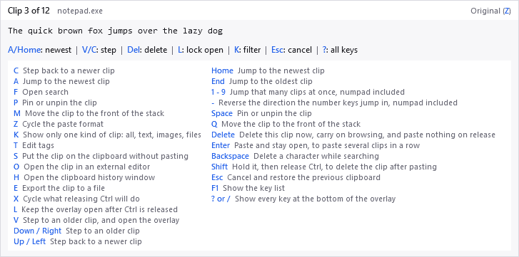 The overlay listing every paste-mode key in two columns beneath the preview