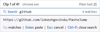 The overlay in search mode, showing the query and a match count