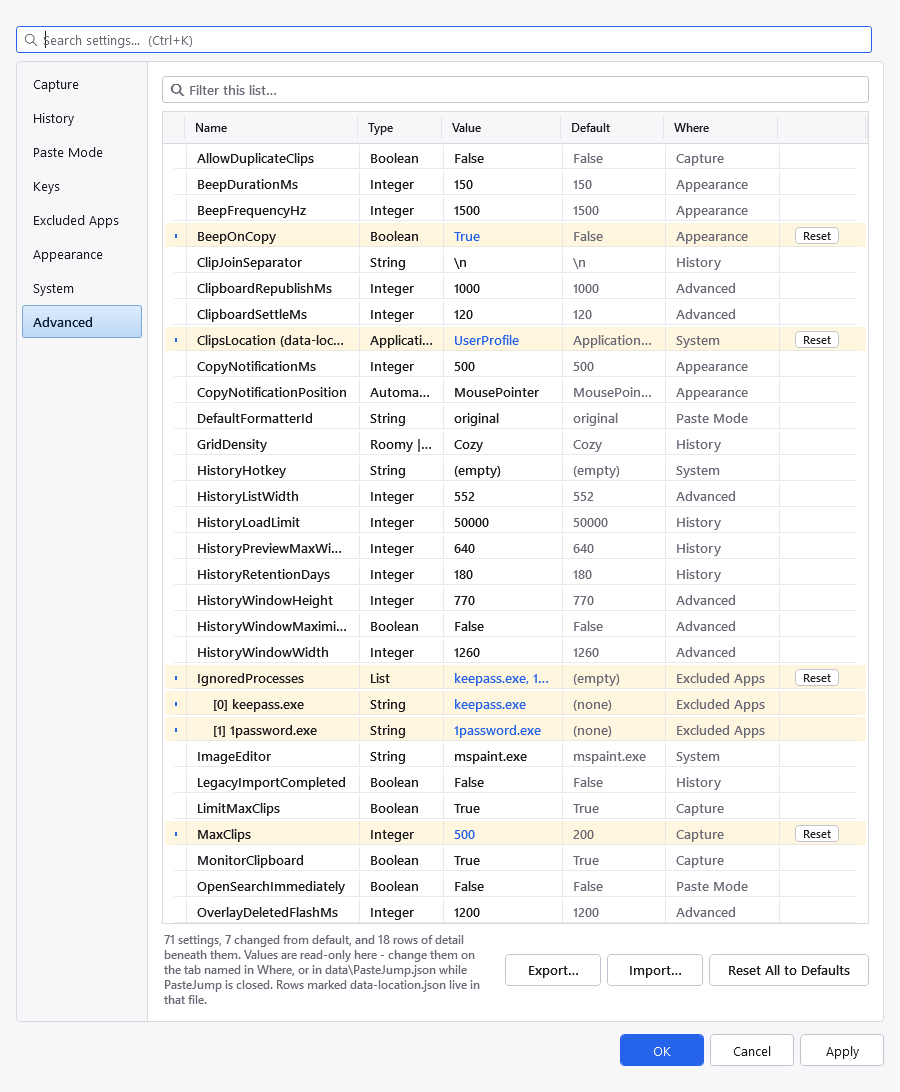 The Advanced tab of the Settings dialog