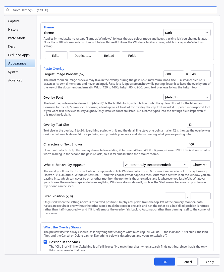 The Appearance tab of the Settings dialog