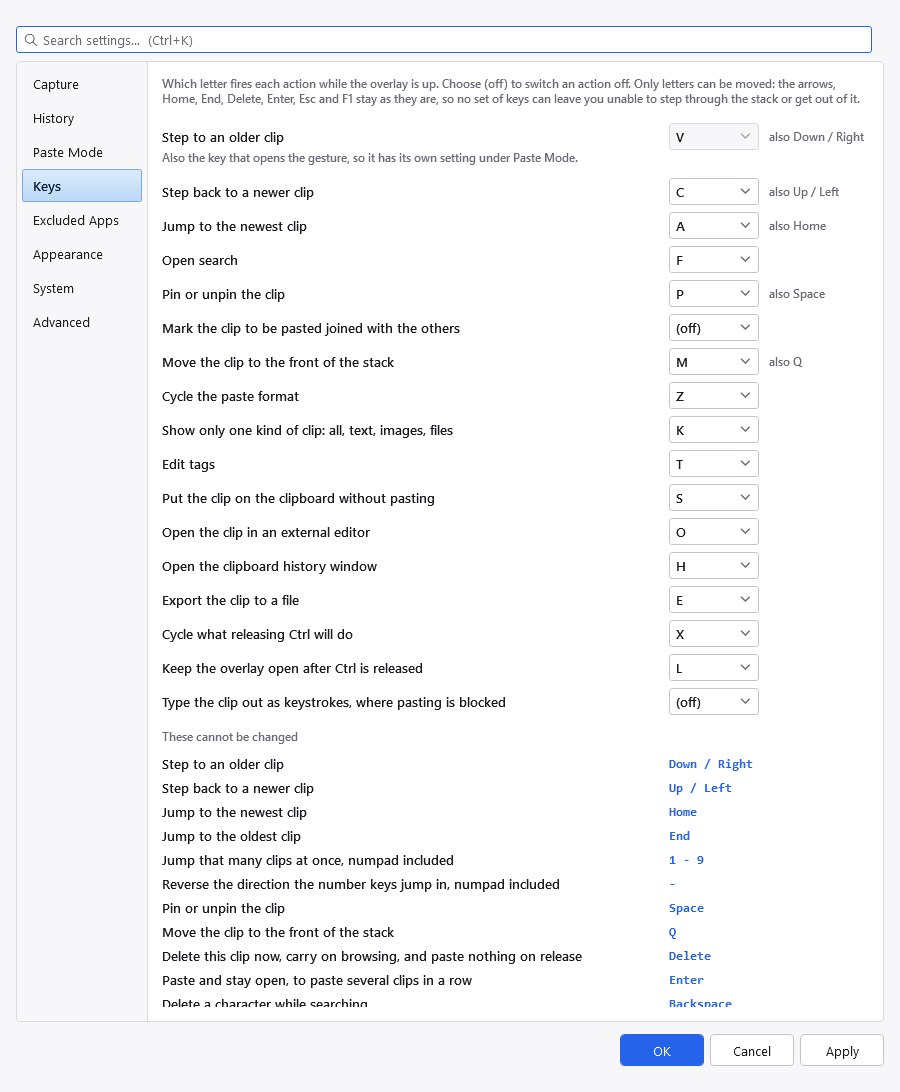 The Keys tab of the Settings dialog