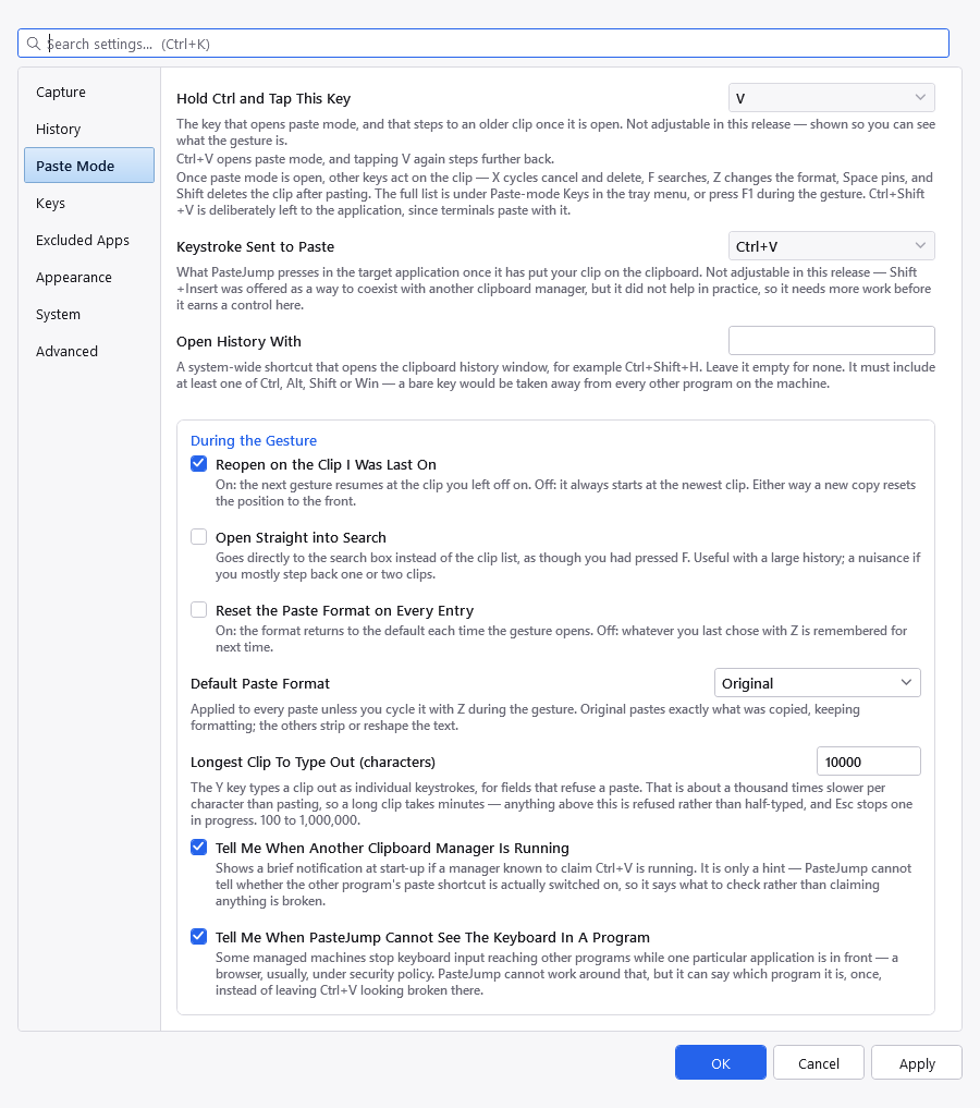 The Paste Mode tab of the Settings dialog