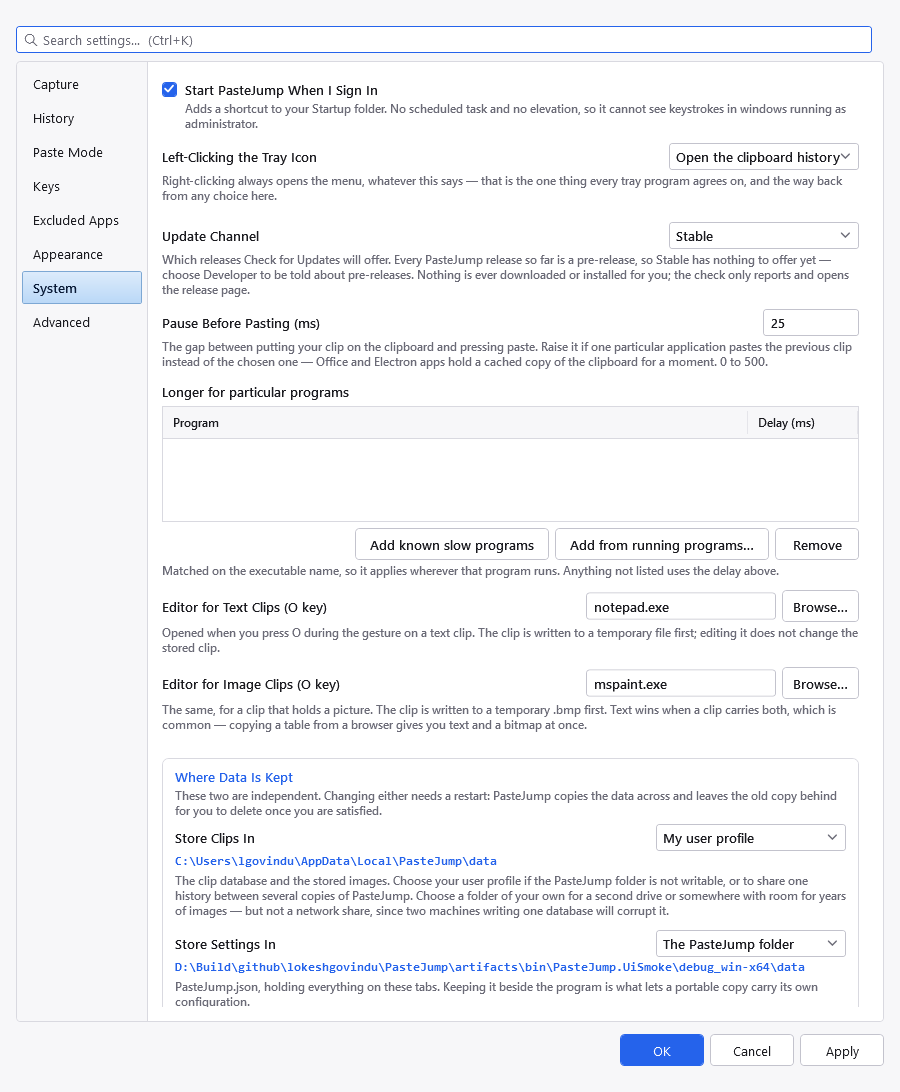 The System tab of the Settings dialog