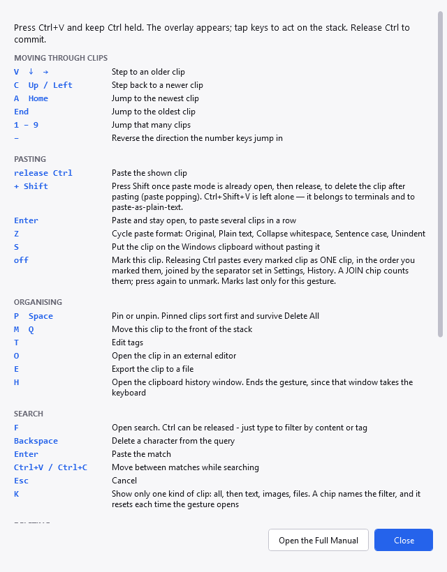 The paste-mode key list window